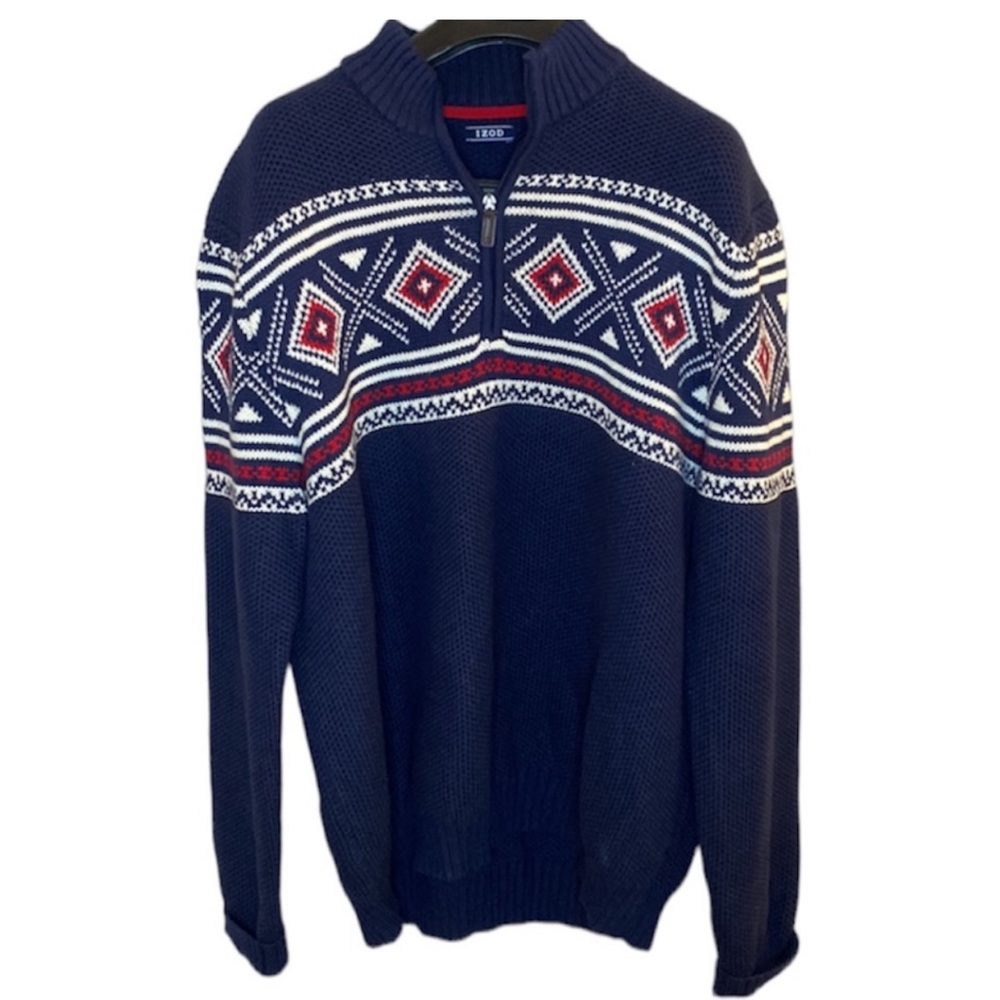 IZOD Mens Blue Aztec Sleeve Fair Isle Quarter-Zip Sweater Size L Nordic print